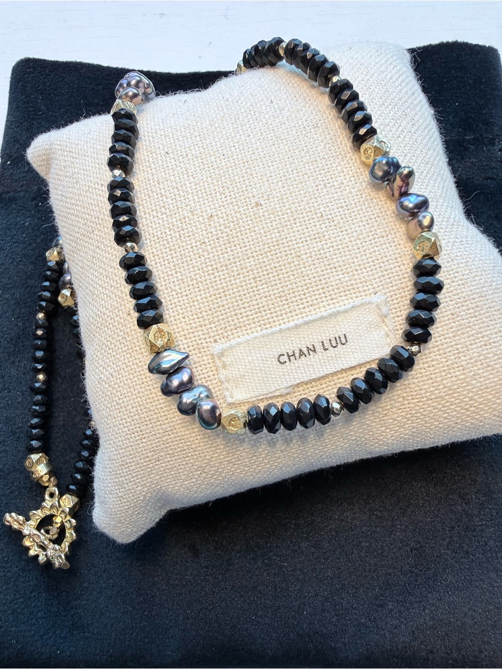 Chan Luu Pearl and Back Spinel Toggle Necklace 16” Gold Over Sterling Silver